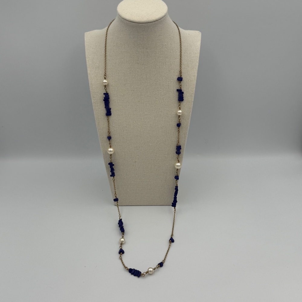 J.Crew Long Navy Stone & Faux Pearl Station Necklace